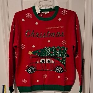 Christmas Red Sweater with Car and Tree Design